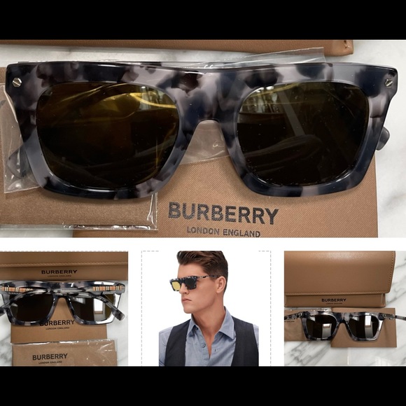 UNISEX BURBERRY SUNGLASSES WTH GREY HAVANA FRAMES AND BURBERRY LOGO ON THE ARMS - Picture 16 of 16